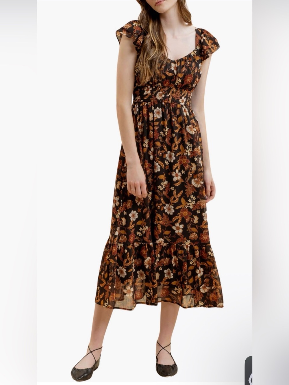 Blu Pepper Brown Floral Smocked Tiered Midi Dress
